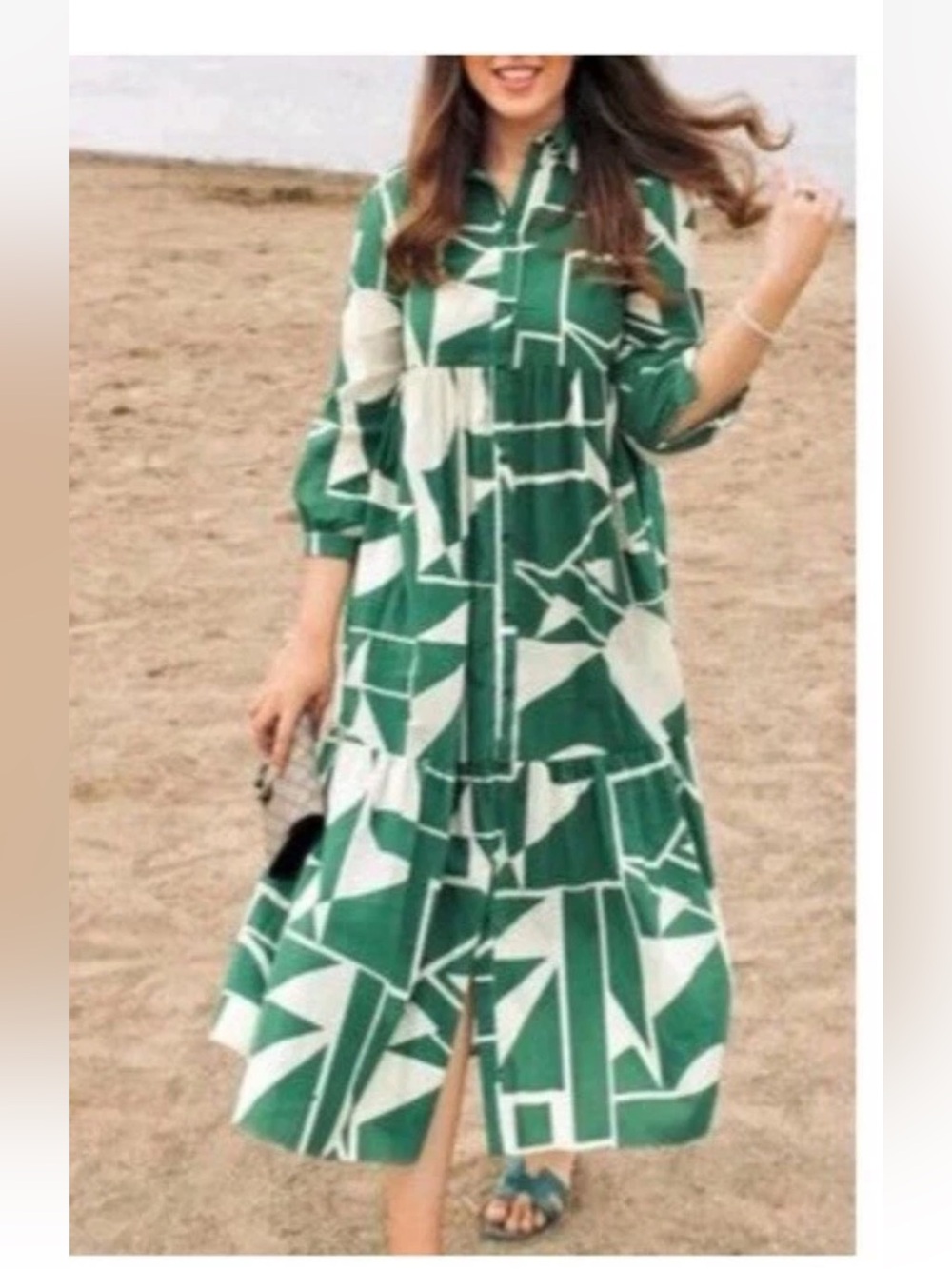Zara green cream geometric print button down tiered maxi shirt dress S